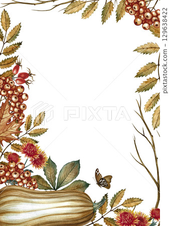 Autumn vertical frame with pumpkin, leaves, chrysanthemum flowers, and rowan berries. Hand-drawn watercolor illustration. For autumn holidays, greeting cards, invitations, posters, and more. 129638422