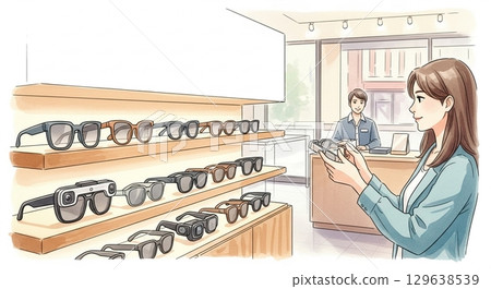 A woman receiving service at a smart glasses sales counter (watercolor illustration) 129638539