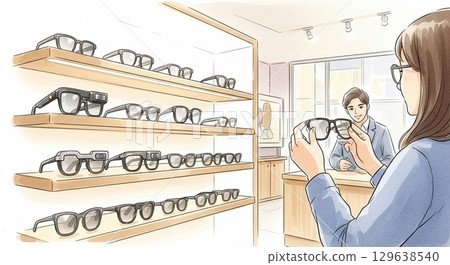 A woman receiving service at a smart glasses sales counter (watercolor illustration) 129638540