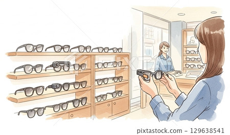 一位女士在智慧眼鏡銷售櫃檯接受服務（水彩畫） 129638541