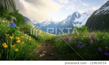 Wide-angle outdoor shot of an explorer trekking through a remote mountain valley with blooming flowers, snowy peaks, and soft sunlight breaking through clouds. 129638554