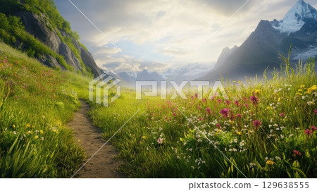 Wide-angle outdoor shot of an explorer trekking through a remote mountain valley with blooming flowers, snowy peaks, and soft sunlight breaking through clouds. Wide-angle outdoor shot of an explorer trekking through a remote mountain valley with blooming flowers, snowy peaks, and soft sunlight breaking through clouds. 129638555