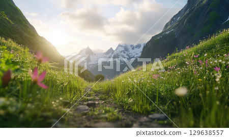 Explorer trekking through a remote mountain valley with blooming flowers, tall grass, snowy peaks, and dramatic cloudy sky, epic wide-angle landscape with soft sunlight and copyspace 129638557