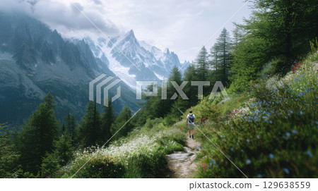 Adventure photography featuring a solo explorer on a scenic mountain path, framed by alpine flowers, forest, and misty peaks under a cinematic atmosphere. 129638559