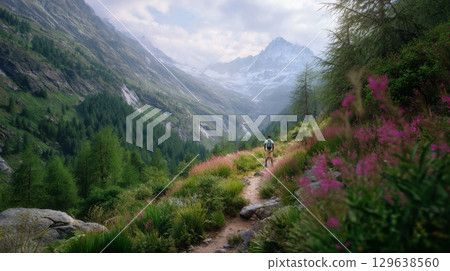 Ultra-realistic 8k scene of a hiker surrounded by lush greenery and wild blooms, walking toward dramatic snowy mountains in soft morning light. 129638560