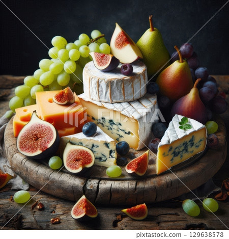 Gourmet cheese platter with artisan cheeses, fresh fruits, honey, and nuts styled on rustic wood with warm moody lighting, ideal for wine tasting and cozy gatherings. 129638578