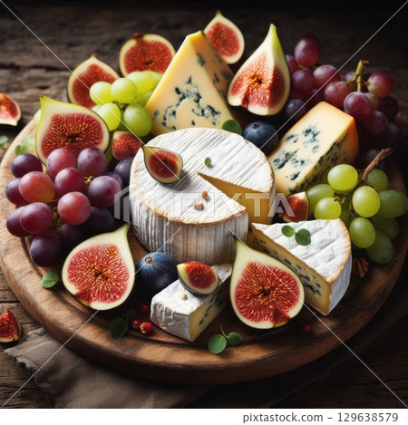 Rustic cheese board with brie, cheddar, and blue cheese, paired with figs, grapes, pears, honey, nuts, and crackers on wooden surface with moody lighting for wine evenings. 129638579