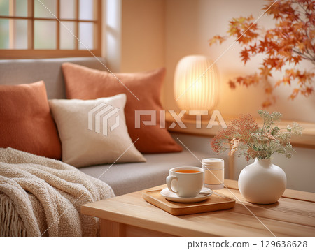 A calming autumn atmosphere with warm lighting 129638628