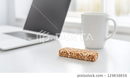Protein bar snack on minimalist office desk with laptop and coffee for quick energy 129638658