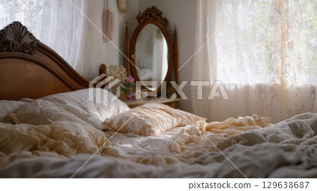 Cozy slow living interior with antique bedframe and lace curtains Cozy slow living interior with antique bedframe and lace curtains 129638687