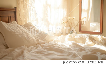 Romantic chateau bedroom with linen bedding, vintage mirror and soft daylight through lace curtains Romantic chateau bedroom with linen bedding, vintage mirror and soft daylight through lace curtains 129638691