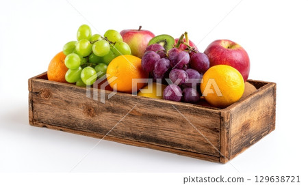 Rustic wooden box with fresh apples, grapes, oranges and kiwis isolated on white background 129638721