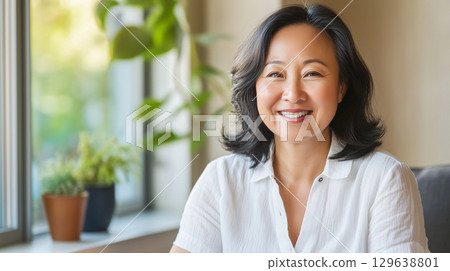 Anti-wrinkle and longevity concept shown through serene lifestyle portrait 129638801