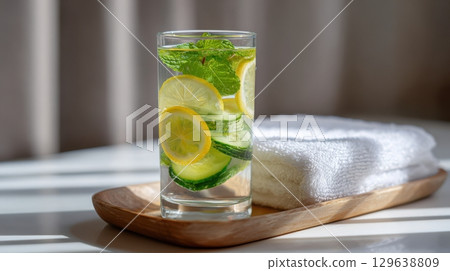 Healthy refreshment scene symbolizing wellness, glow and longevity 129638809