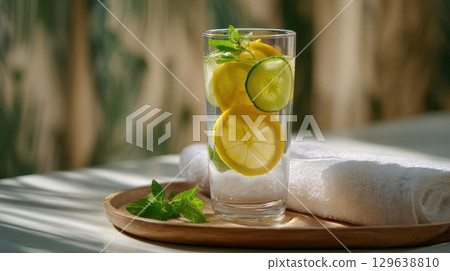 Clean beverage concept with fresh herbs and sunlight reflections 129638810
