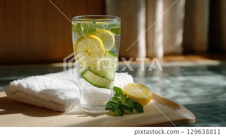 Clean beverage concept with fresh herbs and sunlight reflections 129638811