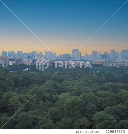 A landscape of Tokyo's cityscape and sky. An illustration-style photo. 129638833