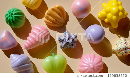 Bright colorful squishy stress toys arranged on smooth beige background for playful antistress product scene 129638850