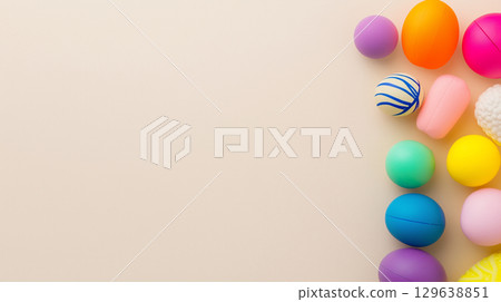 Bright colorful squishy stress toys arranged on smooth beige background for playful antistress product scene 129638851