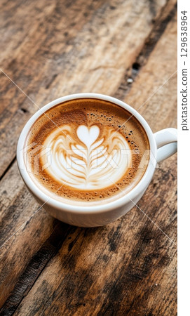 Vertical coffee cup close-up with latte art and hand-drawn swirl overlay blending food photography and artistic illustration 129638964