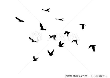 Flying birds silhouette flock. hand drawing. Not AI. Vector illustration Flying birds silhouette flock. hand drawing. Not AI. Vector illustration 129638982