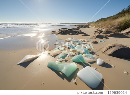 Plastic waste scattered across sandy ocean beach shoreline.AI Generated 129639014