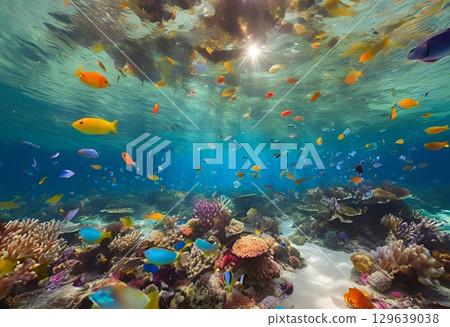 Beautiful coral reef flourishing beneath the vibrant ocean surface.AI Generated Beautiful coral reef flourishing beneath the vibrant ocean surface.AI Generated 129639038