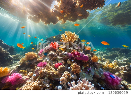 Beautiful coral reef flourishing beneath the vibrant ocean surface.AI Generated Beautiful coral reef flourishing beneath the vibrant ocean surface.AI Generated 129639039