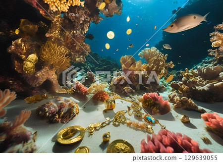 Ancient artifacts resting silently beneath the ocean depths.AI Generated 129639055