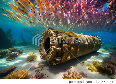 Sunken submarine parts or naval weapons beneath ocean depths.AI Generated Sunken submarine parts or naval weapons beneath ocean depths.AI Generated 129639073