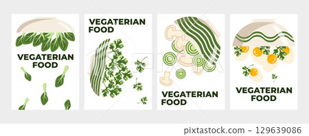 Set of vector illustrated banners of a plate with healthy vegetarian food greens, eggs, mushrooms, salad. Vegan and gluten free nutrition concept for posters, branding, and web design Set of vector illustrated banners of a plate with healthy vegetarian food greens, eggs, mushrooms, salad. Vegan and gluten free nutrition concept for posters, branding, and web design 129639086