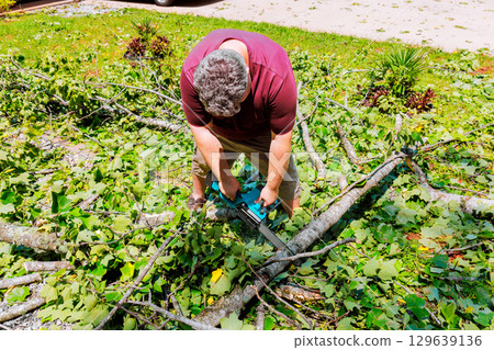 Man cutting tree branches in yard after storm with fallen debris scattered around Man cutting tree branches in yard after storm with fallen debris scattered around 129639136