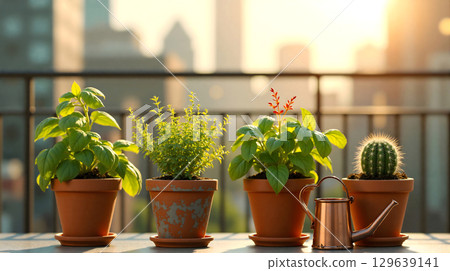 Potted plants on balcony in warm sunlight. 129639141