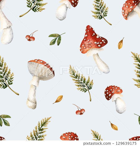 Fly agaric mushrooms fern branches. Autumn forest amanita Watercolor hand painted floral seamless pattern on light blue background for fall design cozy fabric prints cute home textile wrapping paper 129639175