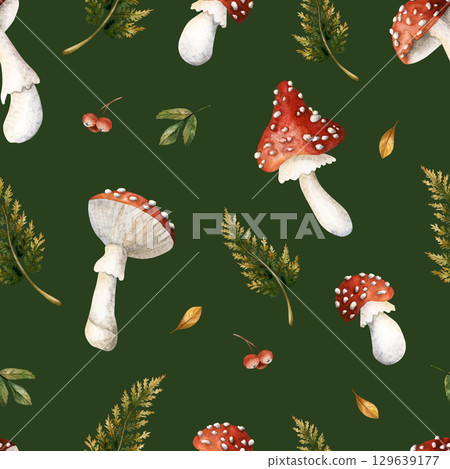 Fly agaric mushrooms fern branches. Autumn forest amanita Watercolor hand painted floral seamless pattern on dark green background for fall design cozy fabric prints cute home textile wrapping paper 129639177