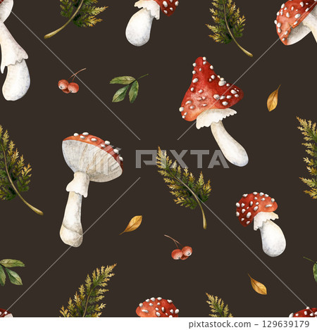 Fly agaric mushrooms fern branches. Autumn forest amanita Watercolor hand painted floral seamless pattern on dark background for fall design cozy fabric prints cute home textile wrapping paper 129639179