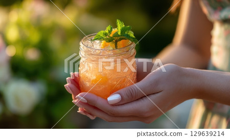 Summer drink in jam jar with soft natural lighting and seasonal fruit accents 129639214