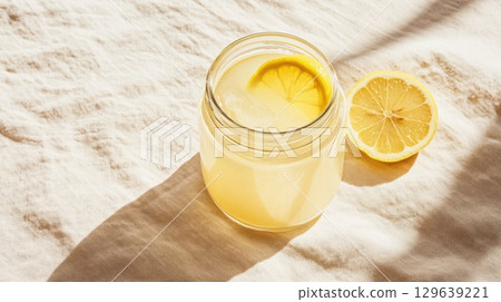 Elegant minimal scene with citrus jargarita and soft natural shadows 129639221
