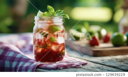 Trendy cocktail idea with jam-based mix and seasonal fruits on outdoor wooden surface Trendy cocktail idea with jam-based mix and seasonal fruits on outdoor wooden surface 129639229