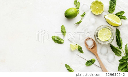 Flatlay of jargarita ingredients with open jam jar, lime wedges, mint and ice on rustic white table for homemade cocktail concept 129639242