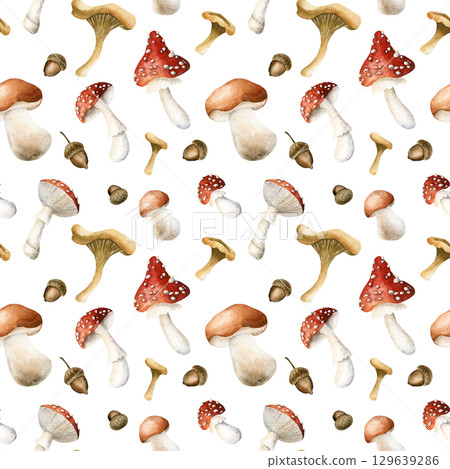 Mushrooms and oak acorns. Autumn forest boletus fly agaric chanterelles Watercolor hand painted floral seamless pattern on white background for fall cozy fabric prints cute home textile wrapping paper Mushrooms and oak acorns. Autumn forest boletus fly agaric chanterelles Watercolor hand painted floral seamless pattern on white background for fall cozy fabric prints cute home textile wrapping paper 129639286