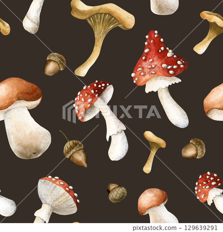 Mushrooms and oak acorns. Autumn forest boletus fly agaric chanterelles Watercolor hand painted floral seamless pattern on dark background for fall cozy fabric prints cute home textile wrapping paper 129639291