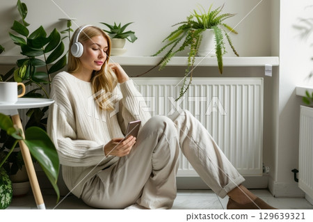 Relaxing With Headphones And Plants Relaxing With Headphones And Plants 129639321