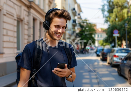 Smiling Man Listening with Headphones Smiling Man Listening with Headphones 129639352