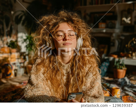 Woman relaxing with headphones at home 129639387