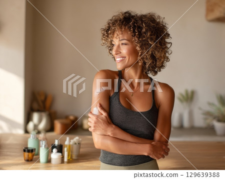 Smiling Fit Woman in Kitchen Smiling Fit Woman in Kitchen 129639388