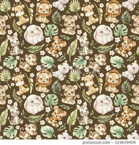 Cute Tropical Animals and Exotic Leaves Watercolor hand painted summer pastel neutral seamless pattern on dark brown background for nursery safari design kids baby cloth textile fabric wrapping paper 129639400