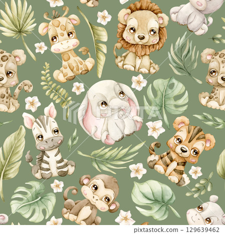 Cute Tropical Animals and Exotic Leaves Watercolor hand painted summer pastel neutral seamless pattern on green background for nursery safari design kids baby cloth textile fabric wrapping paper Cute Tropical Animals and Exotic Leaves Watercolor hand painted summer pastel neutral seamless pattern on green background for nursery safari design kids baby cloth textile fabric wrapping paper 129639462