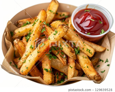 French Fries with Ketchup in Kraft Box 129639528