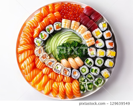 Assorted Sushi Platter with Sashimi and Rolls 129639549